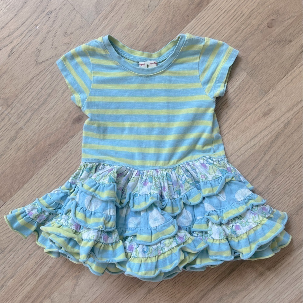 Baby Girl MIMI & MAGGIE Tiered Floral Stripe Dress Sz 12 mo blue green